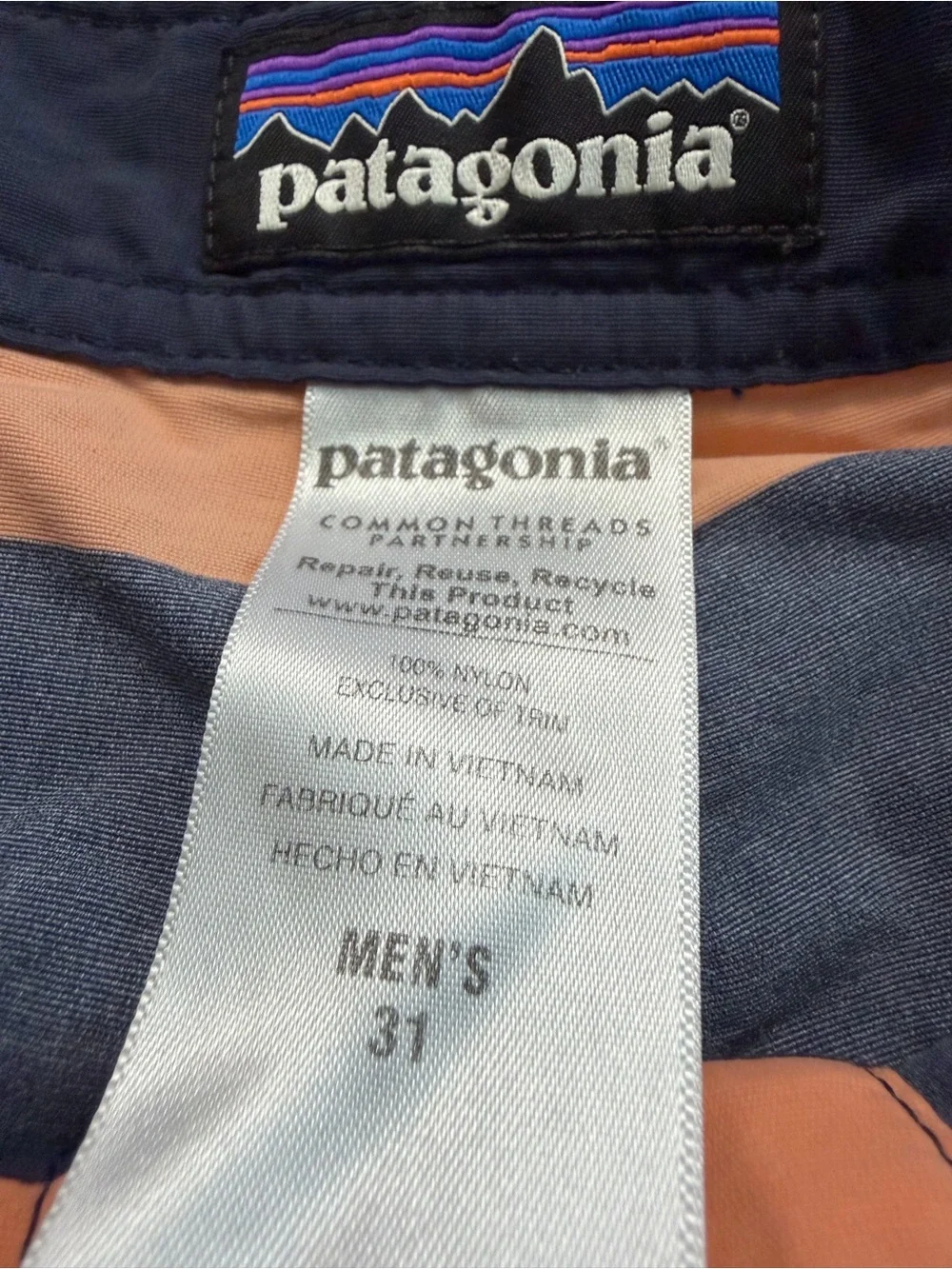 Patagonia Men’s Orange and Navy Wide-Stripe Swim Trunks